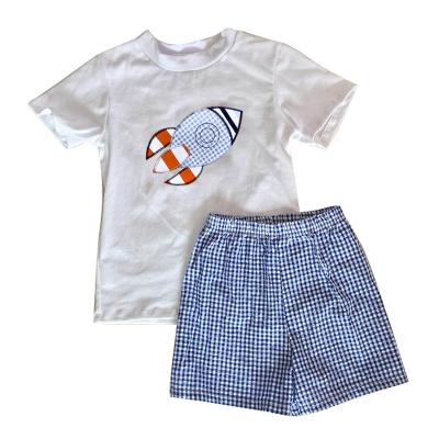 China Casual Cool Custom Clothes Fabrics Baby Wear Summer Boy Clothing Set With Rocket Embroidery for sale