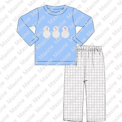 China Cute Cow Girl Boutique Snowman Applique Boys Winter Clothing Set Baby Blue Boys Shirt New And Pant Winter Matching Boutique for sale