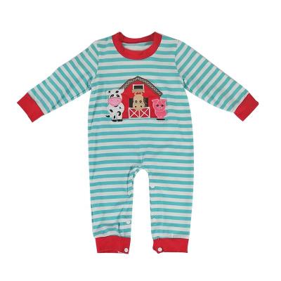 China Infant Stripe Clothing Casual Newborn Baby Clothes Farm Applique Boys Long Sleeve Romper for sale