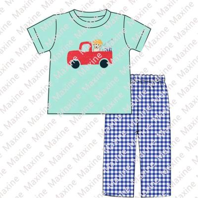 China Cute Cow Applique Girl Boutique New Arrival Boys Fishing Autumn Clothing Set Nice Shirt And Pant Boys Boutique Set for sale