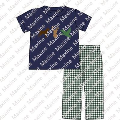 China Popular Hunting Boys Autumn Boutique Cute Animal Embroidery Deer and Duck Applique Kid Boys Autumn Clothing Set Navy Blue for sale