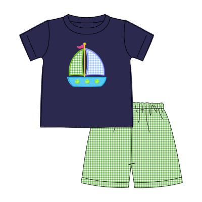 China Cute Fish Embroidery Customized Kids Summer Cute Clothing Sets Sailboat Applique Toddler Boys Summer Outfits Set for sale