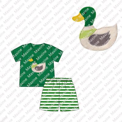 China 2021 Duck Casual Applique For Baby Boy Outfit Green Shirt And Green Stripe Shorts 2 Piece Toddler Set for sale