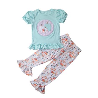 China 2019 Newest Design Pumpkin Applique Girls Aqua Casual Shirts And Floral Pants Knit Cotton Halloween Little Girl Outfit for sale