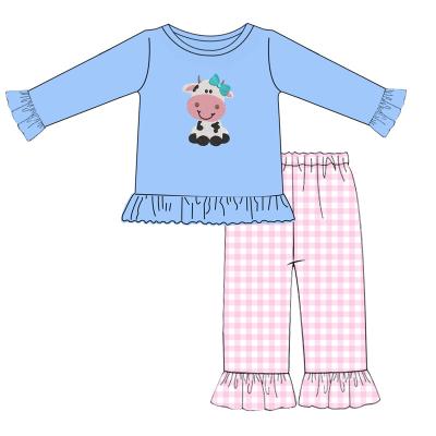 China Cow Applique Girl Boutique Hot Sale Farm Cute Cow Embroidered Girls Winter Apparel Sets Soft Pink Gingham Panties Matching Girls Outfits for sale