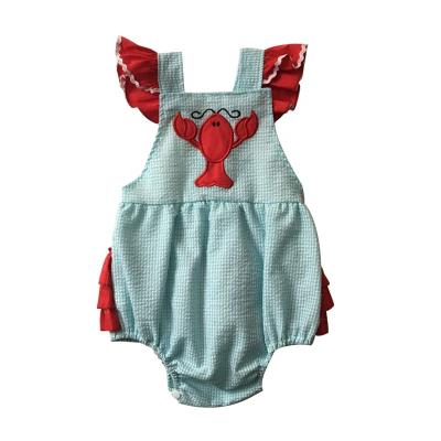 China Casual Lobster Applique Ruffle Cotton Seersucker Baby Bubbles Newborn Baby Girls Clothes Halter Romper for sale