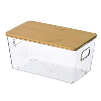 China Small Kitchen Food Stored Storage Box with Clear Bamboo Lid PET Fridge Bins with Handles Stackable Organizer Storage Containers for sale