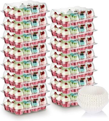 China Disposable Stackable Cupcake Carrier Holder With 200 Pack Plastic Box For 12 Cupcakes Disposable Cupcake Container for sale