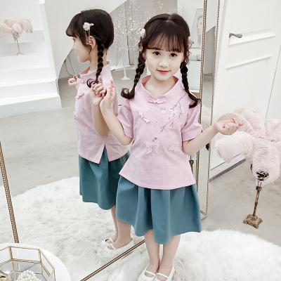 China Children Casual Chinese Style Clothes Girls Summer Embroidered T-shirt+Skirt Boutique Clothing Set for sale