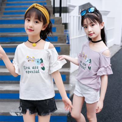 China Wholesale Cotton Fabric Girls Boutique Anti-Shrink Off Shoulder Embroidered T-shirt Children for sale