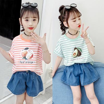 China Summer Breathable Wholesale Girls Short Sleeve T-shirt Girls Stripe Printed T-shirt Children's Cotton Top for sale