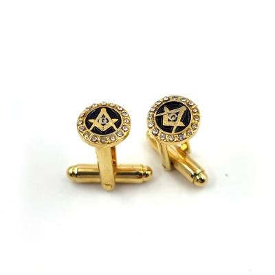 China USA and Europe Freemason Logo Crystal Round Pair Masonic Gold Plated Cufflinks For Men for sale