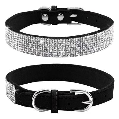 China Cute Glare Soft Suede Cat Rhinestone Collar Crystal Diamond Dog Puppy Stocked Glitter Leather Collar for sale