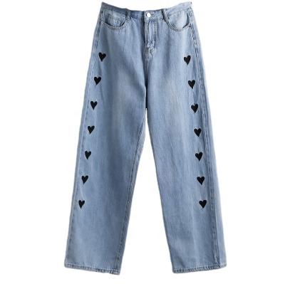 China QUICK DRY Women's Straight Mid Waist Jeans Wide Leg Denim Pants Heart Printed Vintage Loose Trousers for sale