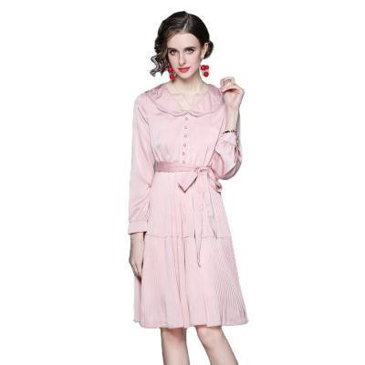 China Breathable Women's Long Sleeve Lapel Casual Vintage Bow Belt Swing Casual Dress for sale