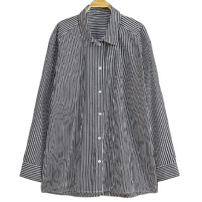 China Best Selling Breathable Women's Black And White Striped Shirt Button Down Long Sleeves Lapel Collar Rolled Shirt for sale