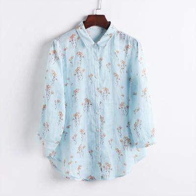 China 2021 Fashion Women Breathable Floral Print Blouse Curved Edge Long Sleeve Tops Lapel Button Down Linen Shirt for sale