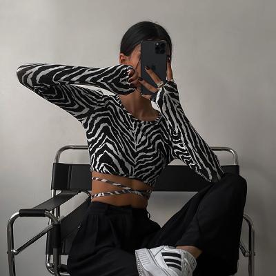 China Fashion Elegant Sexy QUICK DRY Backless Women Zebra Print Long Sleeve Crop Top T-Shirts Autumn Bandage Top Slim Tees for sale