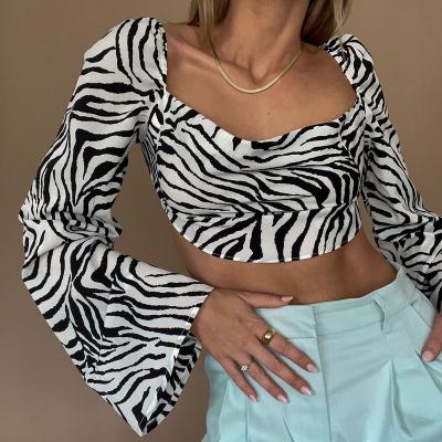 China Elegant Sexy Backless Zebra Print Lace Blouses QUICK DRY Women Fashion Shirts Autumn Club Party Long Sleeve Crop Tops for sale