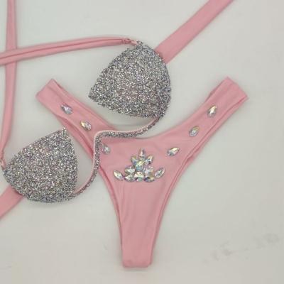 China Wholesale Spandex/polyester rhinestone bikini set new sexy bling swimwear women swimwear good quality stones beach wear for sale