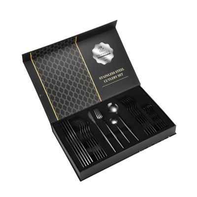 China Sustainable Luxury Custom Logo Restaurant Fork Knife And Spoon Set Black White Gold Stainless Steel Cutlery Set With 40*25 Package Box for sale