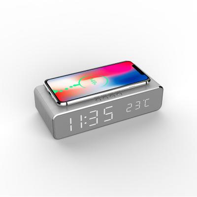 China Best Selling Custom LED Mobile Phone Alarm Clock QI Logo 10W Wireless Charger With LED Digital Alarm Clock for sale