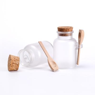 China Free Sample Matte 100g 200g 300g Cosmetic Clear ABS Plastic Bath Salt Jar With Spoon Cork Stopper for sale