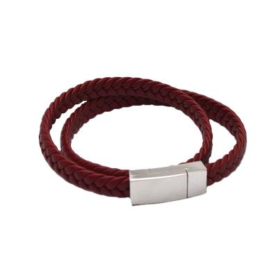 China AS IN IMAGE Mens Leather Wrist Bracelets Fashion Punk Red Braided Leather Magnetic Bracelets Stainless Steel Clasp Bracelet Men Wrist Bracelets for sale