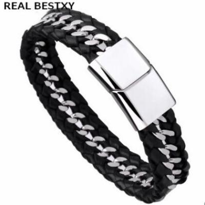 China Hiphop REAL BESTXY Logo Fashion Handmade Jewelry custom made 2022 new braided leather bracelets, stainless steel leather bracelet for men for sale