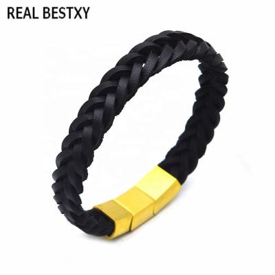 China REAL BESTXY office/career engrave logo genuine cow leather bracelets with gold stainless steel magnetic clasps for bracelets men wholesale for sale