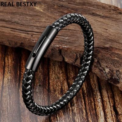 China TRENDY custom logo fashion simple men jewelry magnet hug bracelets stainless steel wire leather braided rope mens bracelets for sale