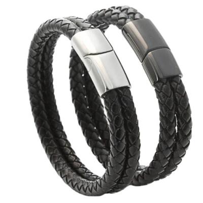 China Hyperbole REAL BESTXY Engrave Name Men 2022 Jewelry Punk Black Braided Bangle Stainless Steel Magnet Clasp Genuine Leather Bracelets Men for sale