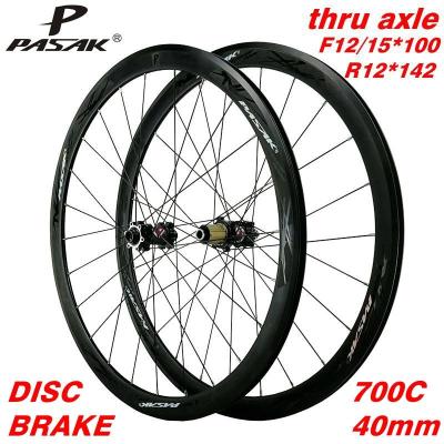 China 700C mountain bikes disc brake road wheel road bike wheels through axle f12 f15 r12alloy 40mm anvil 6 bolt lock hub draw spoke aluminum for sale