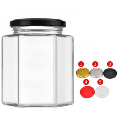 China Food Glass Storage Honey Jar Empty Hexagonal Honey Pot Bottle Food Storage Packaging Jars Thicken Hexagon Jam Jar for sale