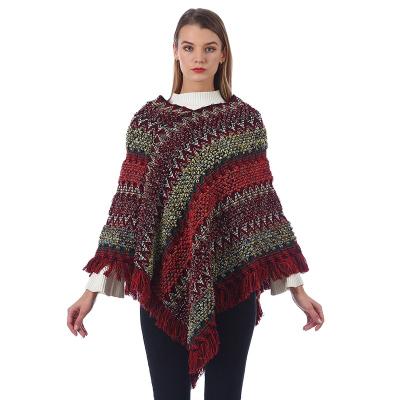 China 2021 Fall/Winter Women's Acrylic Yarn-Dyed Shawl Cape With Fringes Patchwork Coat for sale