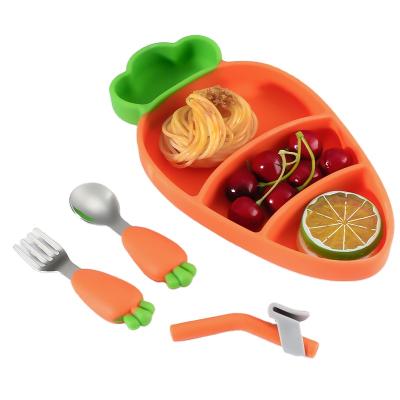 China Cute Baby Straw Plate Baby Dinner Suction Baby Carrot Dish Set BPA Free Silicone Cartoon Tableware Cute Baby Dish Set for sale