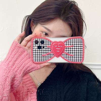 China TPU+Acrylic Korea Fashion Style Grid Plover Lattice Red Bow Knot Love Heart Bracket Phone Case For iPhone 13 12 Pro Max for sale