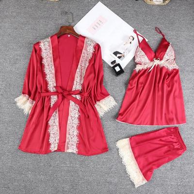 China Wholesale Women's Elegant Pajamas QUICK DRY 3 Piece Pajamas Set Sleepcoat Pants Dressing Gowns Pajamas for sale