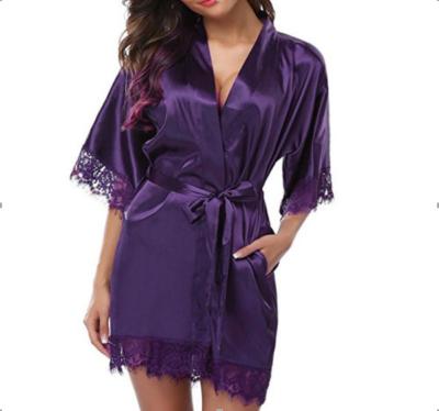 China Lady's QUICK DRY 8 Customized Colors Lace Up Shorts Silk Robe Sexy Lace Satin Long Robe Wholesale Bathrobe for sale