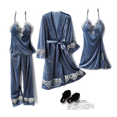 China New style QUICK DRY pajamas can be used out of home wear bra in autumn and winter long sleeve 4 pieces lace up velvet sexy pajamas for sale