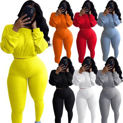 China Autumn Jogging Set Breathable Plus Size Long Sleeve Two Piece Set Sports Casual Ribbed Stretch Sweatshirt 2 Piece Set Tracksuit For Women for sale