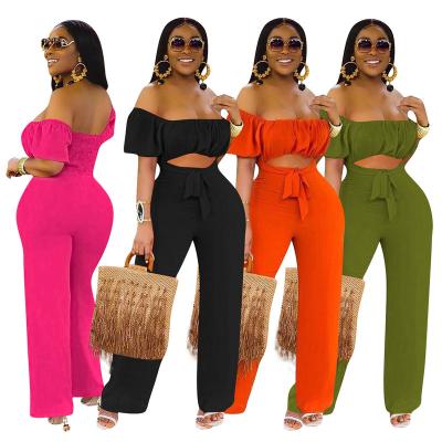 China Amazon Women Wear QUICK DRY Popular Solid Color Backless Off Shoulder Crop Top Wide Leg Pants Summer Women Fashion One Piece Overalls for sale