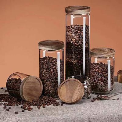 China Freshness Preservation Food Grade Acacia Seal Lid Glass Jar Wooden Food Jar With Lid, Glass Storage Bangs Airtight Lid for sale