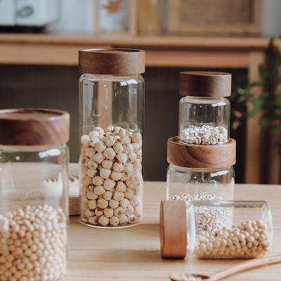 China Freshness Preservation Food Storage Jar Coffee Beans Glass Tea Sealed Jar Japanese Kitchen With Lid Storage Wooden Bottles for sale