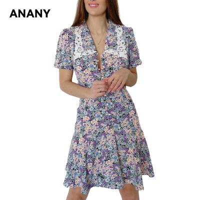 China ANANY Anti-Static Wholesale Embroidery Short Sleeve Turn Down Collar Multi Color Floral Dress Women Button Up Dresses Fall Casual Wear for sale