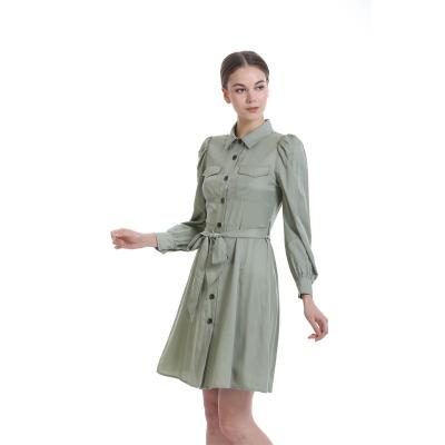 China ANANY New Anti-Static Fashion Long Sleeve Button Down Shirt Dress Autumn Winter Turn Down Collar Plain Dresses With Belt Elegant Casual Ladies for sale