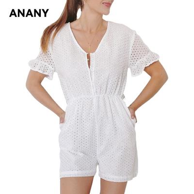 China ANANY Breathable New Ladies Fashion Lotus Leaf Overalls High Waist Sleeve Pure OE Cotton Breathable Lace Short White Hollow Overalls for sale