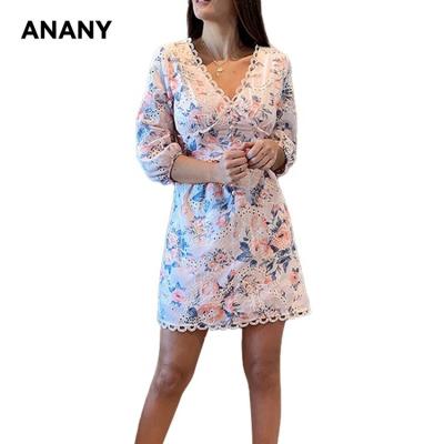 China Anti-wrinkle ANANY 2020 latest design soft waist lace and hollow design v-neck spring and a-line summer dress for sale