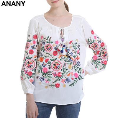 China Anti-pilling Anany in stock hot sale long sleeve white embroidery blouses tops for women for sale