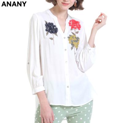 China ANANY Anti-Shrink V-neck Long Sleeve Flower Embroidery Button Up Custom Designer Cotton Shirts OEM Shirt For Women 2021 for sale